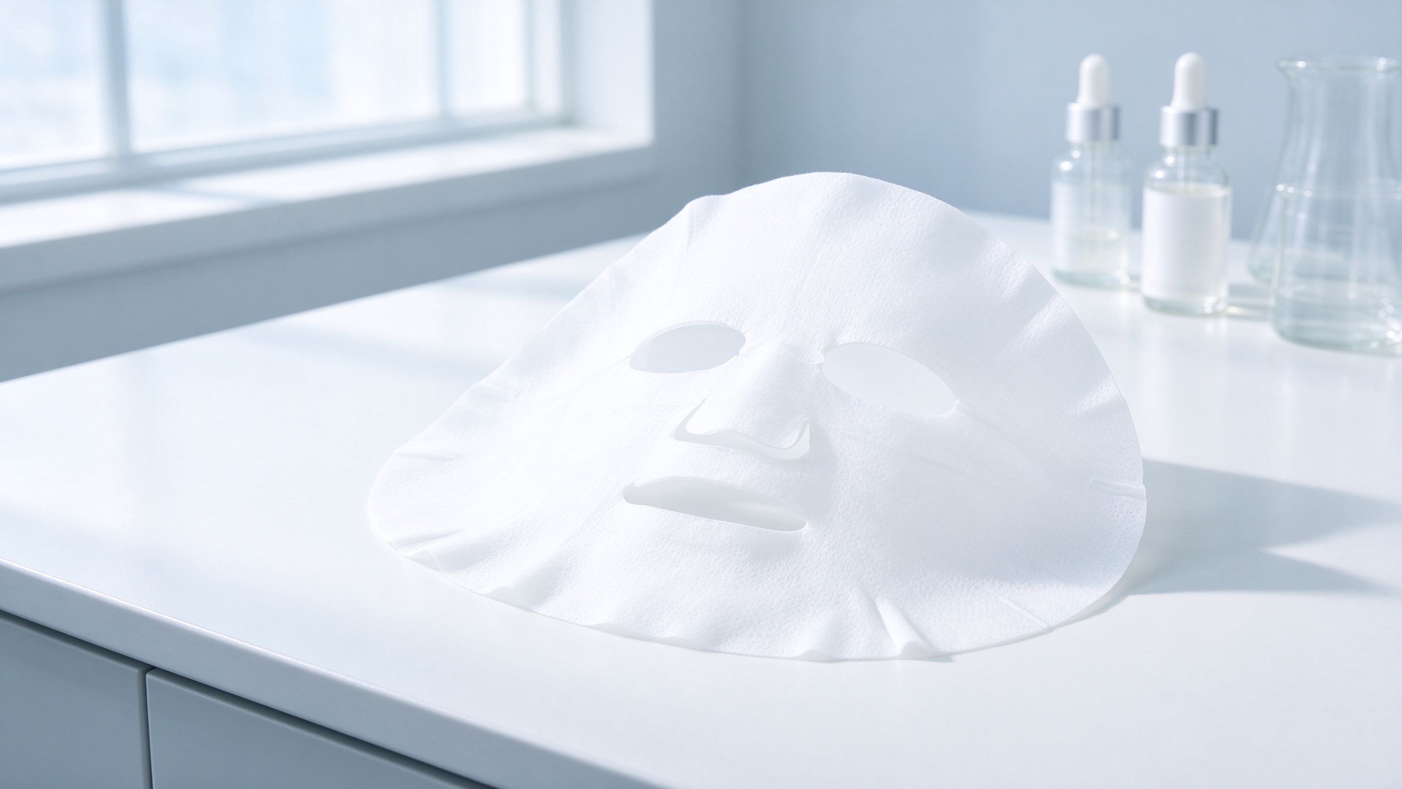 Unfolded sheet mask on a white laboratory bench